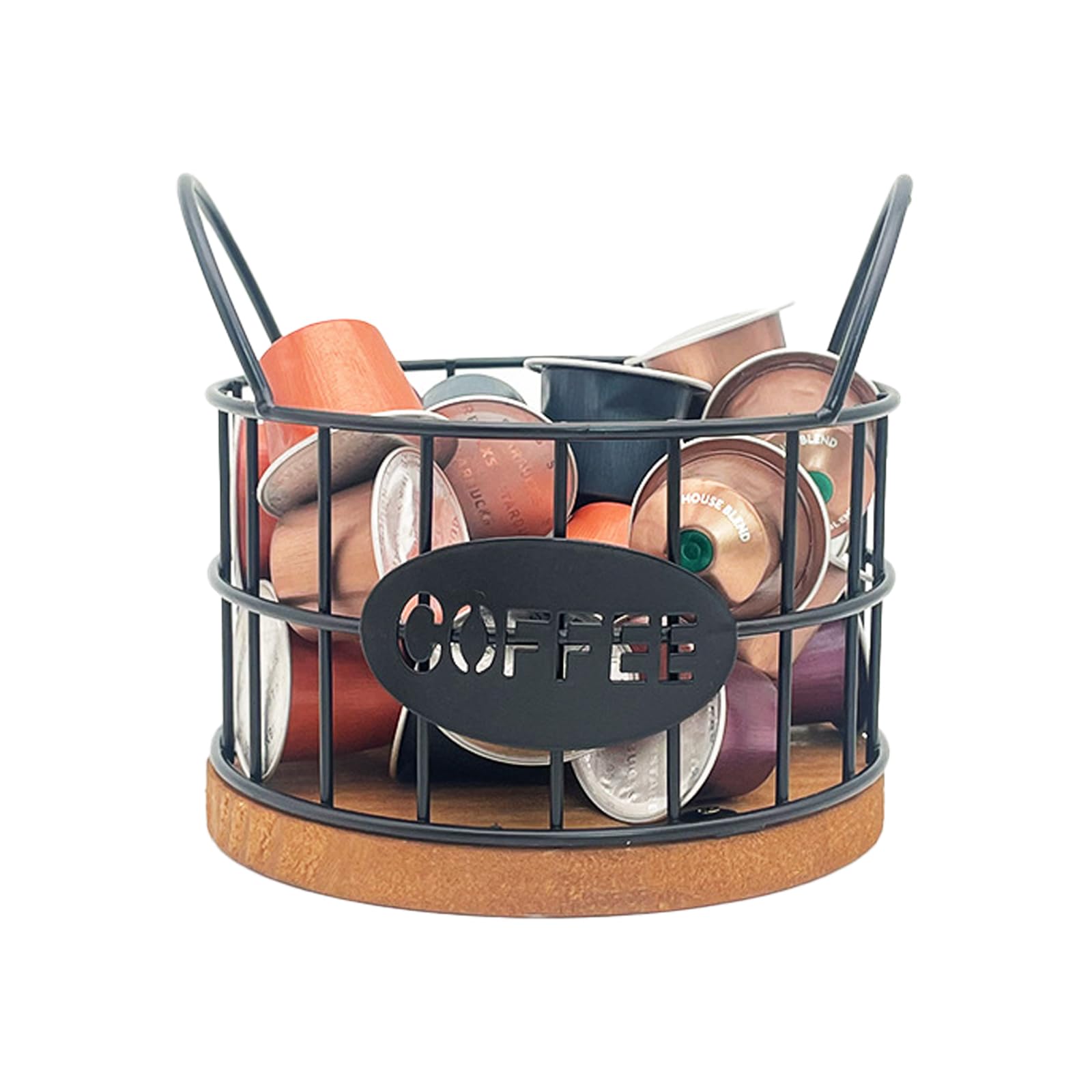 Yumzxin Coffee Pod Holders for Counter, K-Cup Storage Organizer with Sturdy Metal Frame and Wooden Base, Count Pod Container for Kitchen, Office, Bar Counter Desktop (Black)