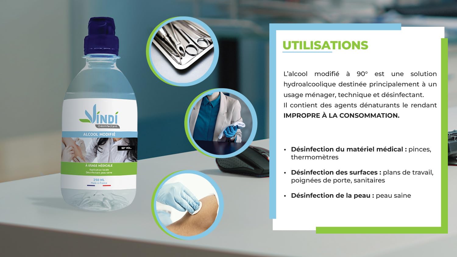 Vindi Désinfectant Alcool modifié 90°- lot de 5 Flacons de 250ml - Fabrication Française - Désinfection peau saine et ustensiles médicaux