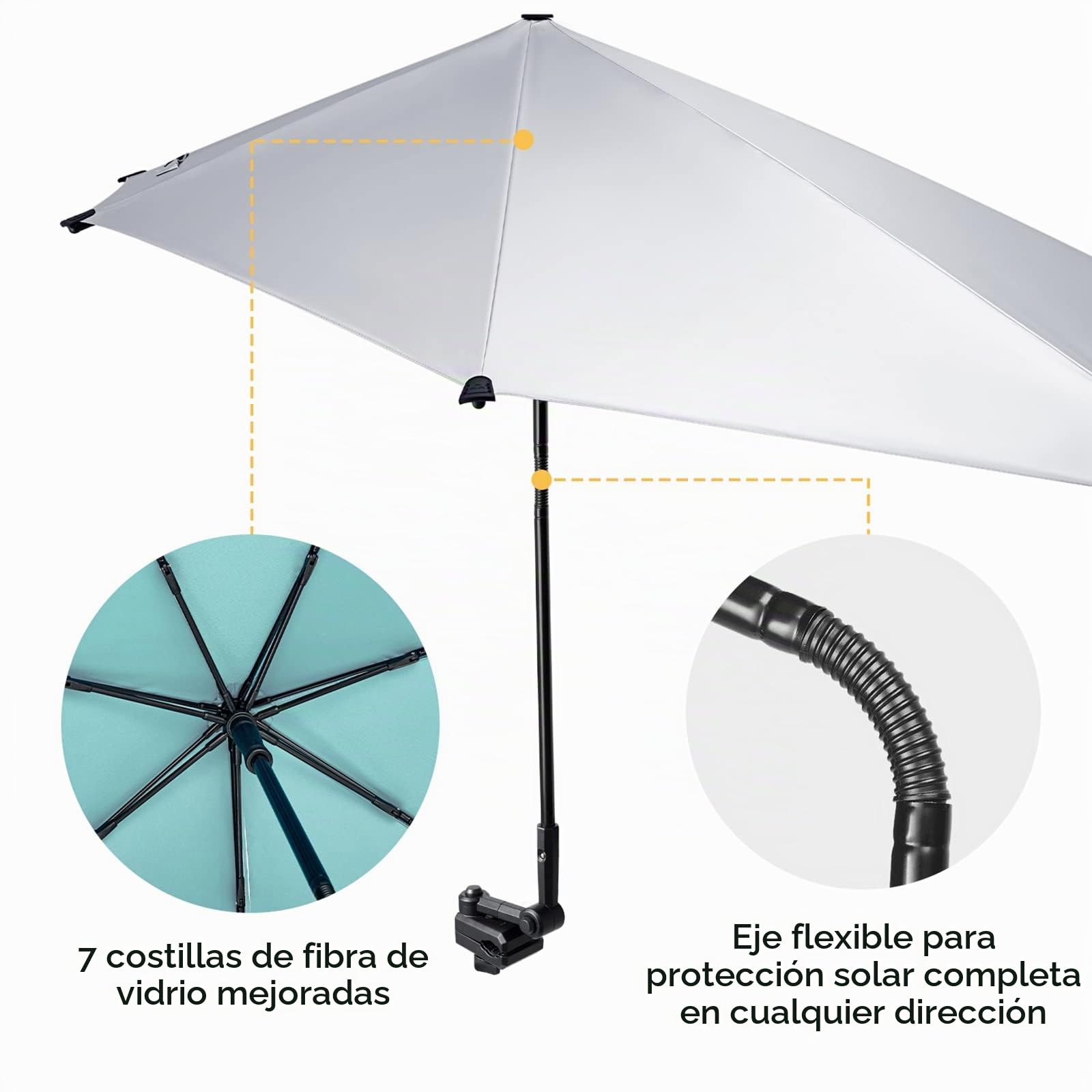 G4Free SPF 50+ Sombrilla de Playa Ajustable XL 47" x 45" con Abrazadera Universal para Silla Carrito de Golf Buggy Bleacher Patio