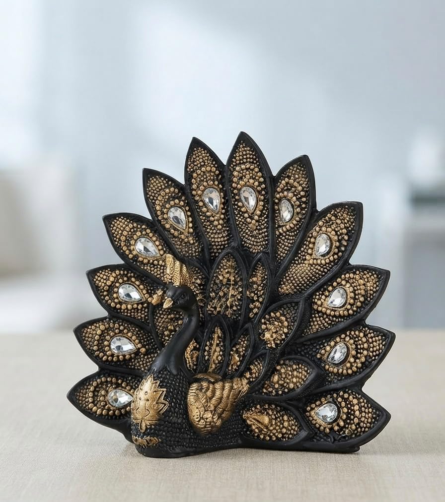 Peacock Showpiece Resin Statue Black and Antique Gold Finish | Crystal Accents, Intricate Detailing, Vastu & Feng Shui, Shelf & Table Decor, Prosperity Symbol-image-21
