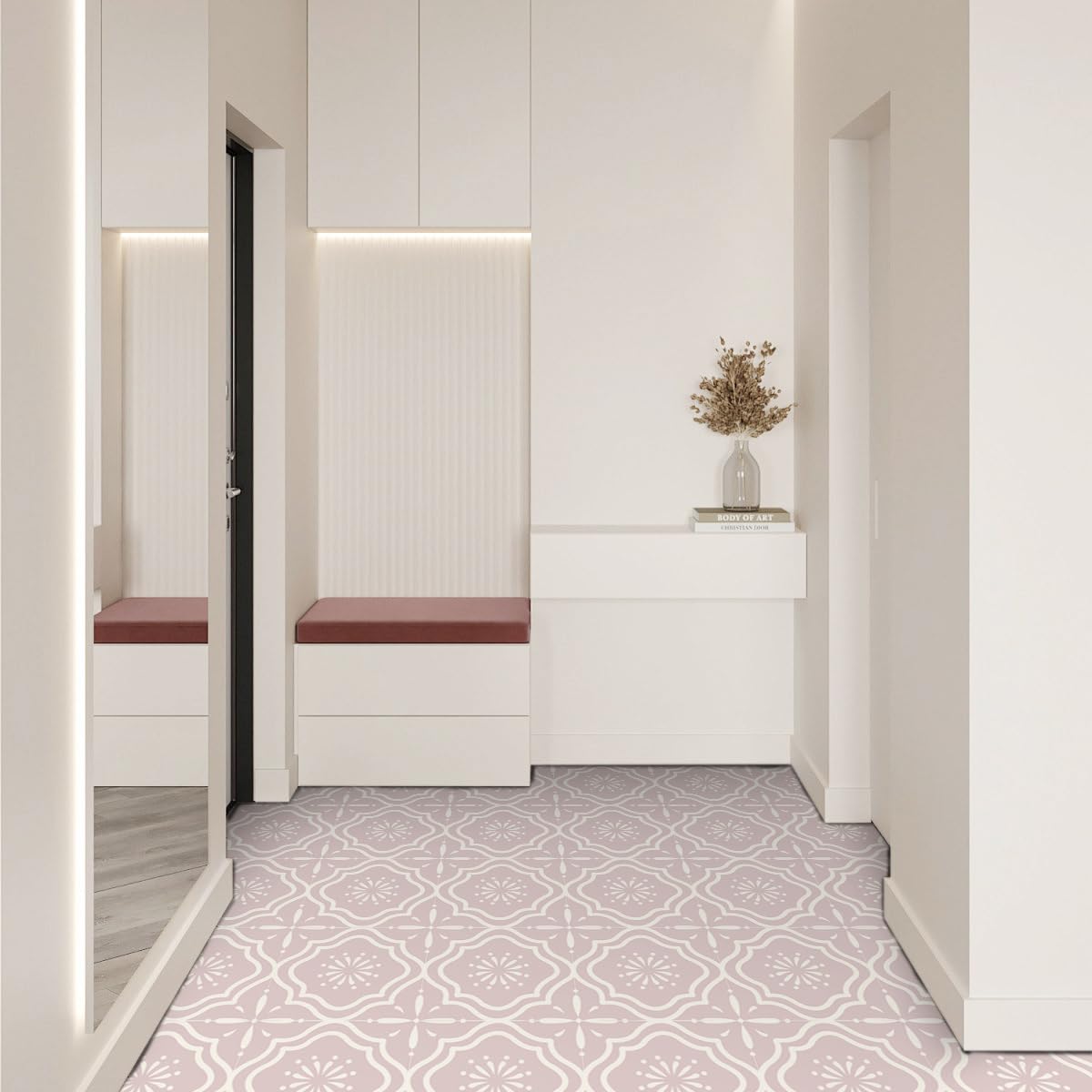 Alwayspon Vinyl Flooring, 10Pcs 30cm/12inch Pink Floral Waterproof Non-slip Floor Tiles Decal for Kitchen Bathroom Living Room, Self-adhesive Peel and Stick Vinyl Sticker