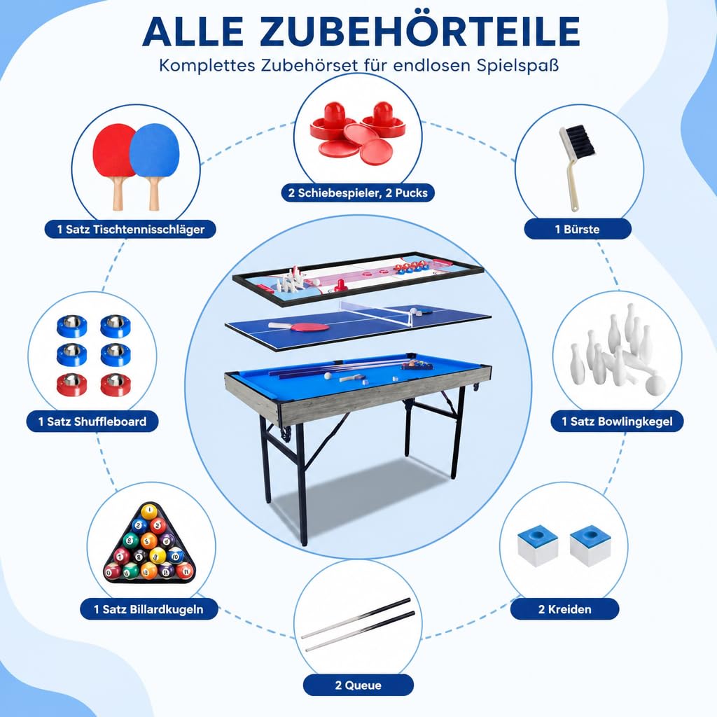 Multifunktions-Spieltisch 5 in 1 Klappbar mit Komplett-Zubehör, Multi-Game Tisch Billard, Tischtennis, Air Hockey, Bowling & Shuffleboard, Platzsparender Indoor Spieltisch für Wohnzimmer