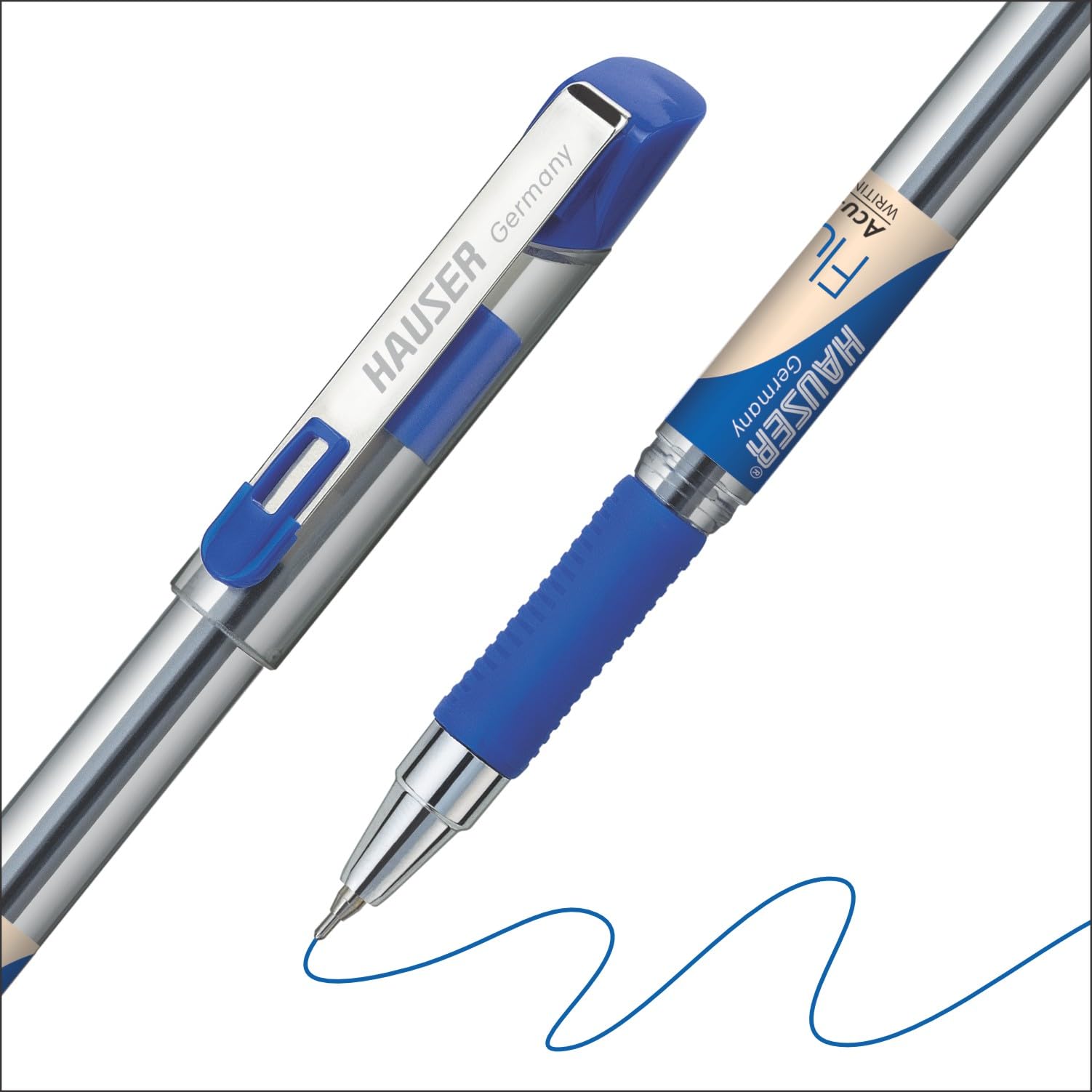 Hauser Fluidic 0,55 mm Kugelschreiber-Set, Gummigriff mit Acu Flow-Schreibsystem, trendiger Metallclip, transparenter Körper, nachfüllbarer Kugelschreiber, blaue, schwarze und rote Tinte, 50 Stück