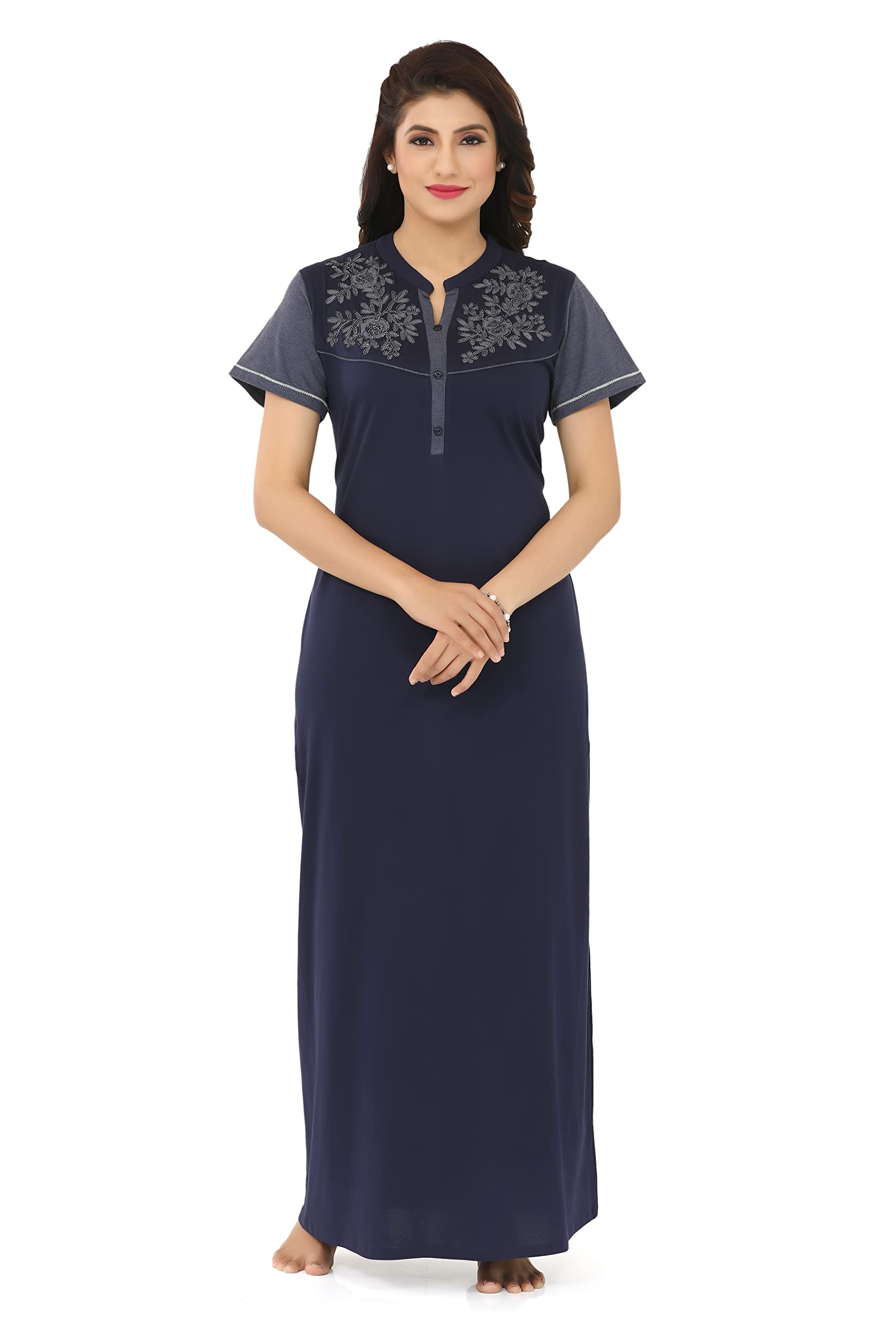 Embroidered AZO-Free Nightwear | Non-Carcinogenic Dyes | Cotton Hosiery Maxi Dress | Elegant Sleepwear for Honeymoon, Travel & Home | Free Size & 2XL-image-43