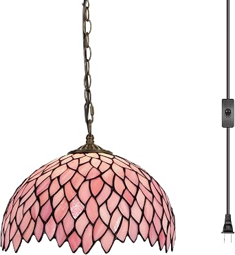 Tiffany Pendant Light Plug in, 12 inches Stained Glass Hanging Lamp, 39 Inch Chain, 15 Feet Cord Living Room Bedroom Kitchen Dining Room Office Pink Wisteria