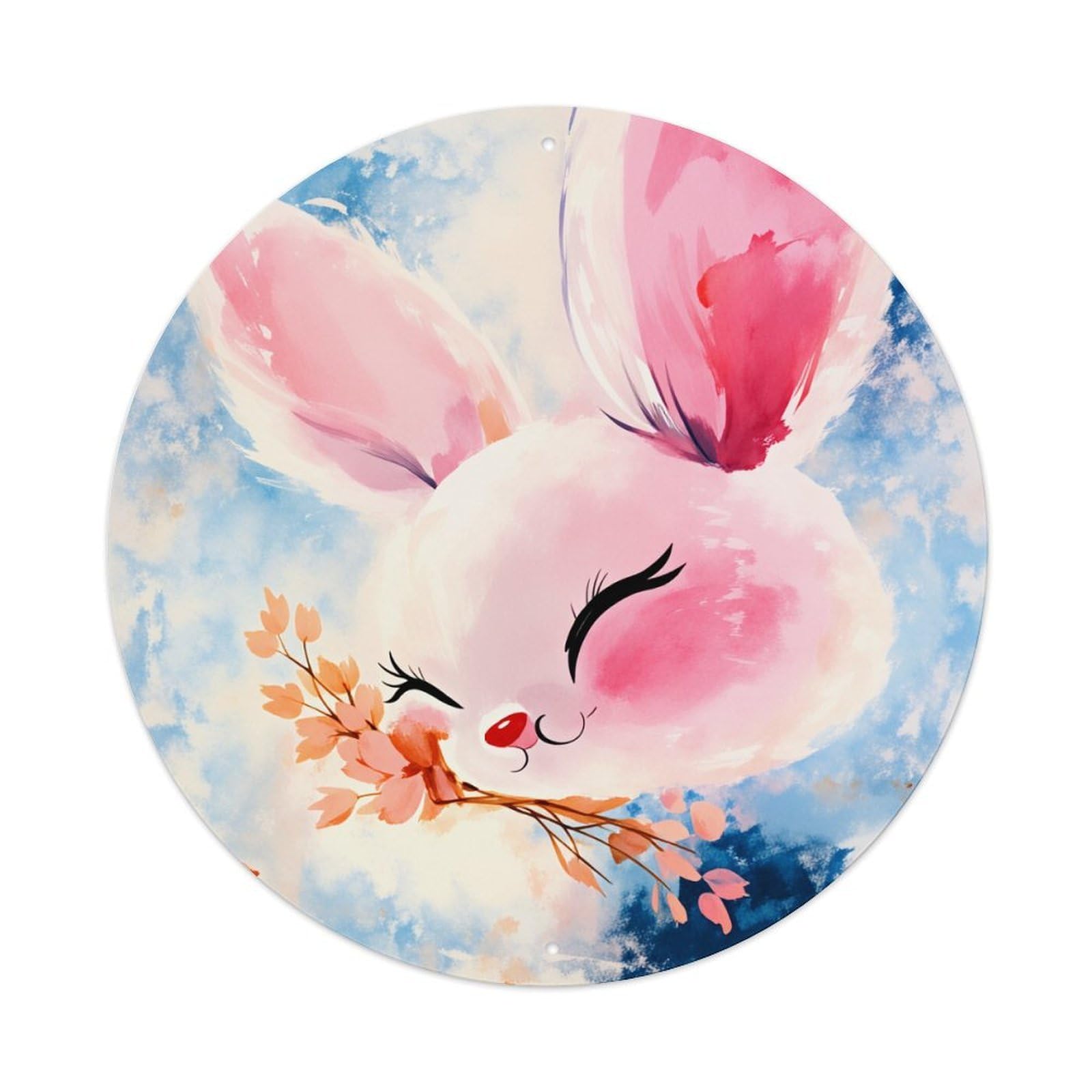 Pink Bunny With Cherry Blossoms Round Tin Sign Vintage Style Metal Sign Home Bar Garden Wall Plaque Decor Metal Poster 8x8 Inch