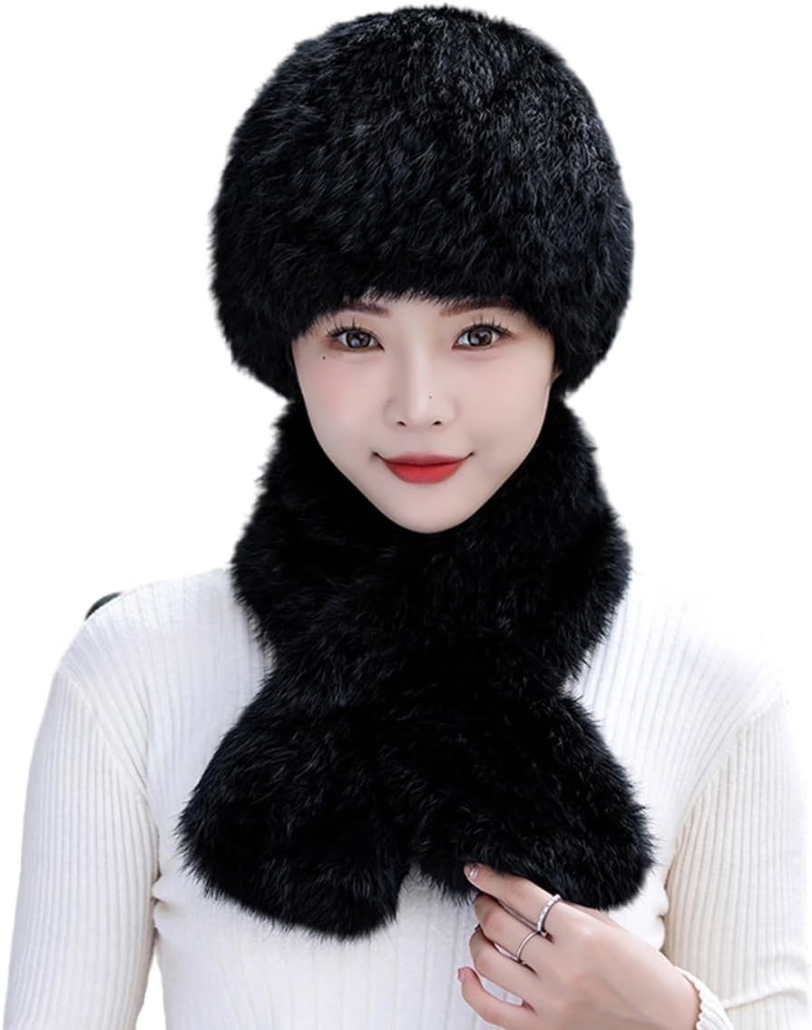 2PCs Hat and Scarf Women Real Rabbit Hair Skullies Beanies Neck Warmer Fall Winter Outdoor