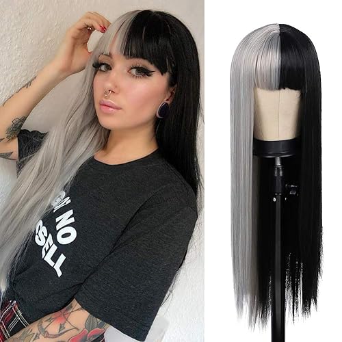 Kaneles Peluca de cabello largo y liso con flequillo peluca natural para cosplay fiesta de cosplay