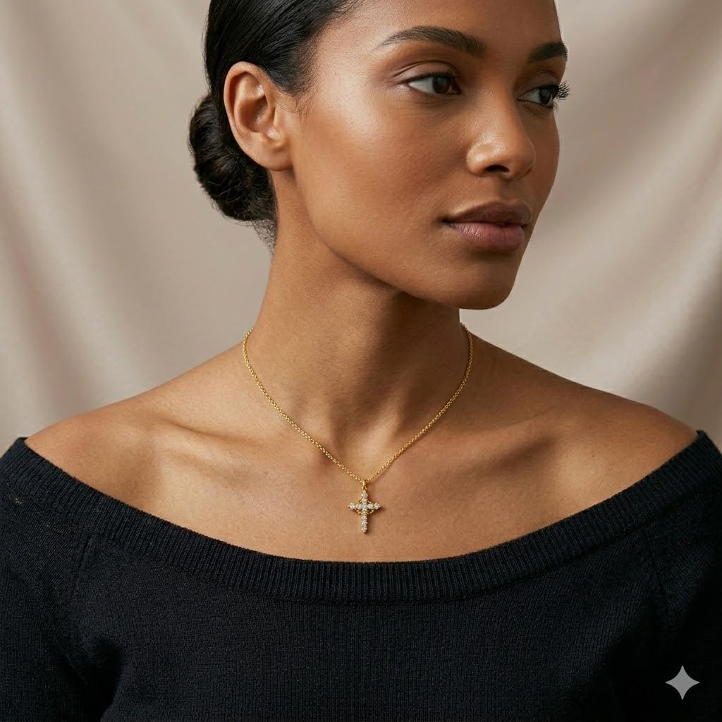 14K Gold Cross Necklace for Women Small Crown Dainty Crucifix Pendant Necklace Chain
