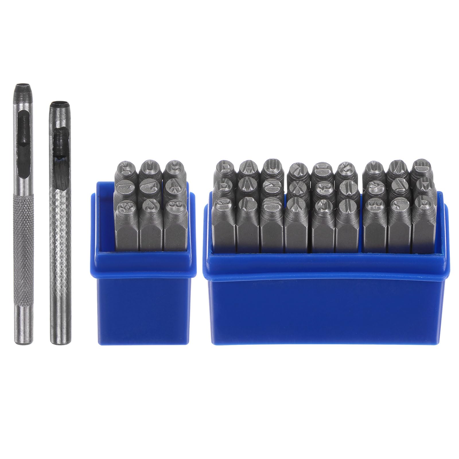 QUARKZMAN 36pz Metallo Stampaggio Kit 5/32" (4mm) (AZ, 0-8,"&" Simbolo) Acciaio Lettera Pugno Premere Utensile con Foro Pugno per Stampa su Metallo, Plastica, Legno, Pelle, Argento