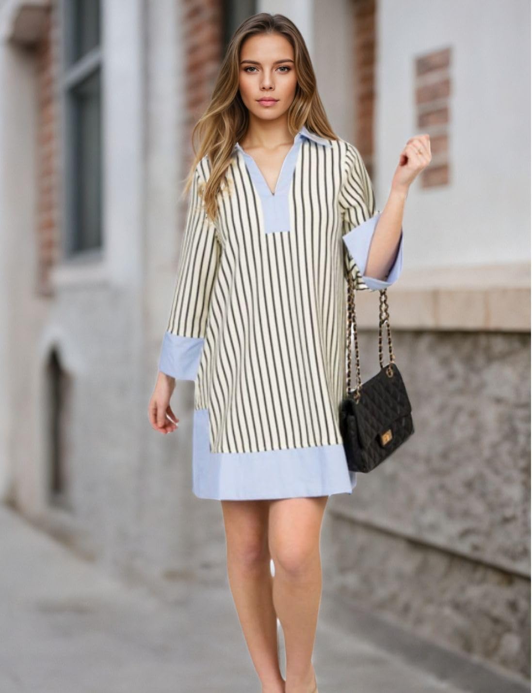 Kwoki Women's Striped Summer Mini Dress 2026 Casual Patchwork Lapel V Neck 3/4 Sleeve Elegant A Line T Shirt Dresses - Image 7
