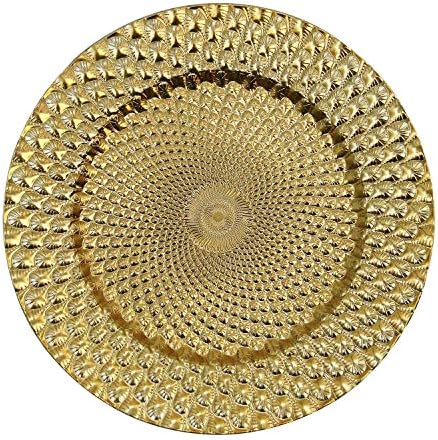 WELMATCH Gold Plastic Peacock Charger Plates - 12 pcs 13 Inch Round Wedding Party Decroation Charger Plates (Peacock Gold, 12)