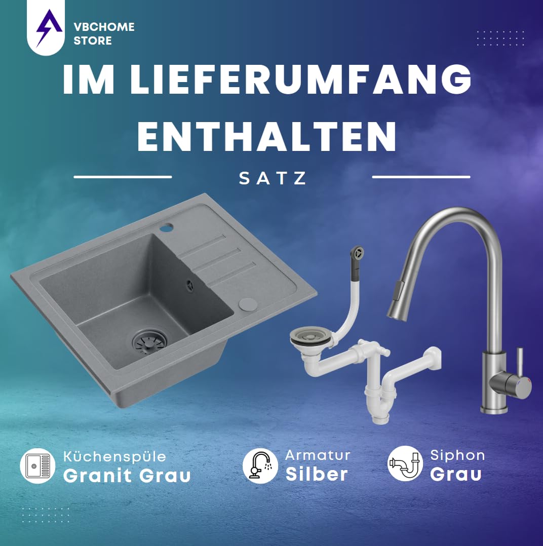 VBChome Fregadero de granito gris con grifería, 55 x 44 cm, fregadero individual, empotrable, moteado, reversible, de granito, gris, con grifo de acero inoxidable con caño extraíble