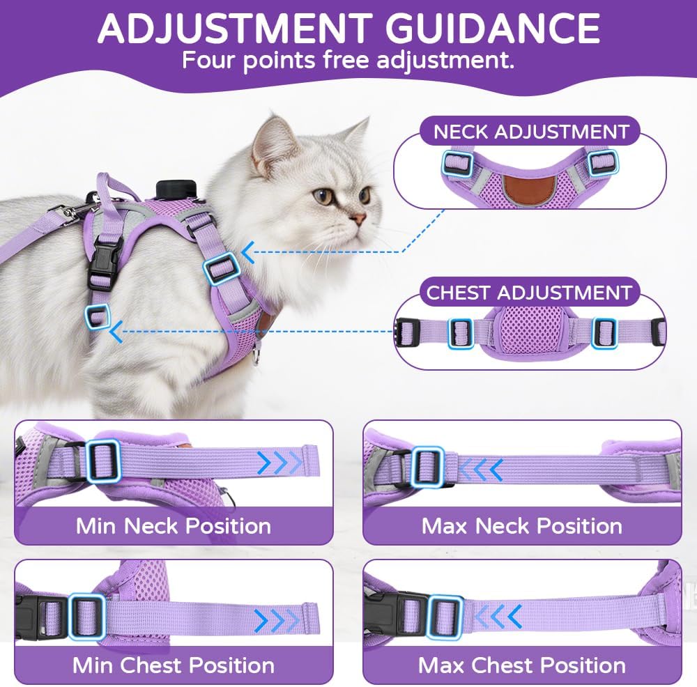 Cat Harness and Leash Set with Tracker Holder, Upgraded Escape Proof Kitten Harness with Lead for Large Adult Cats, Soft Mesh Puppy Reflective Adjustable Jacket Vest for Walking, Purple M Royal Purple M