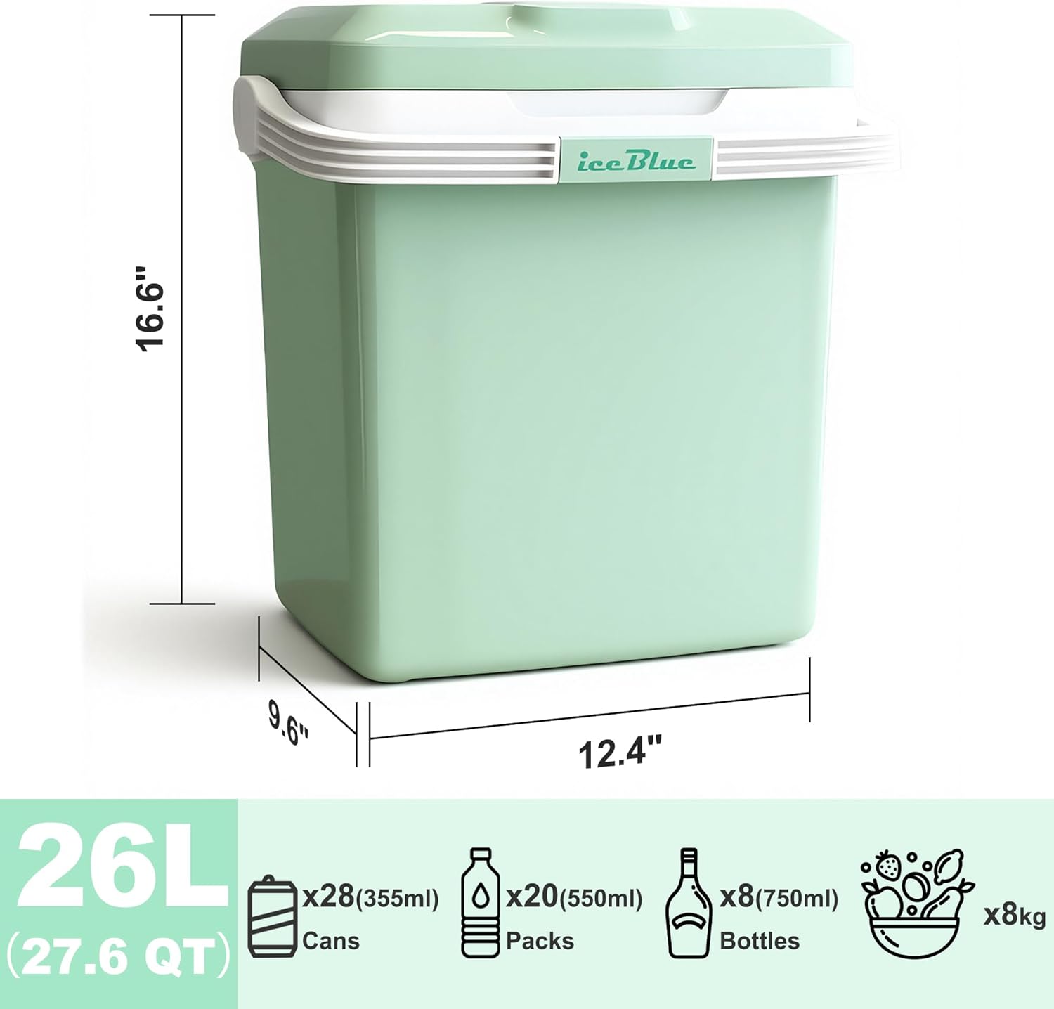 Iceblue Electric Cooler, 26 Liters/28 Cans Mini Fridge with Automatic Locking Handle, 120V AC Home Power Cord & 12V Car Adapter Car Refrigerator, Car Fridge for Home, Car, Gift (Green)