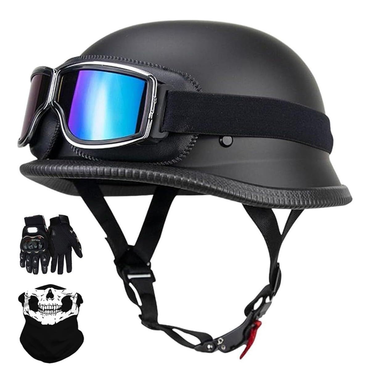 Style Allemand Millésime Moto Demi-Casque, ECE Approuvé Adulte Hommes Femmes Visage Ouvert Casque de Moto, avec Lunettes Masque Gants, pour Hachoir Croiseur Rue Trottinette