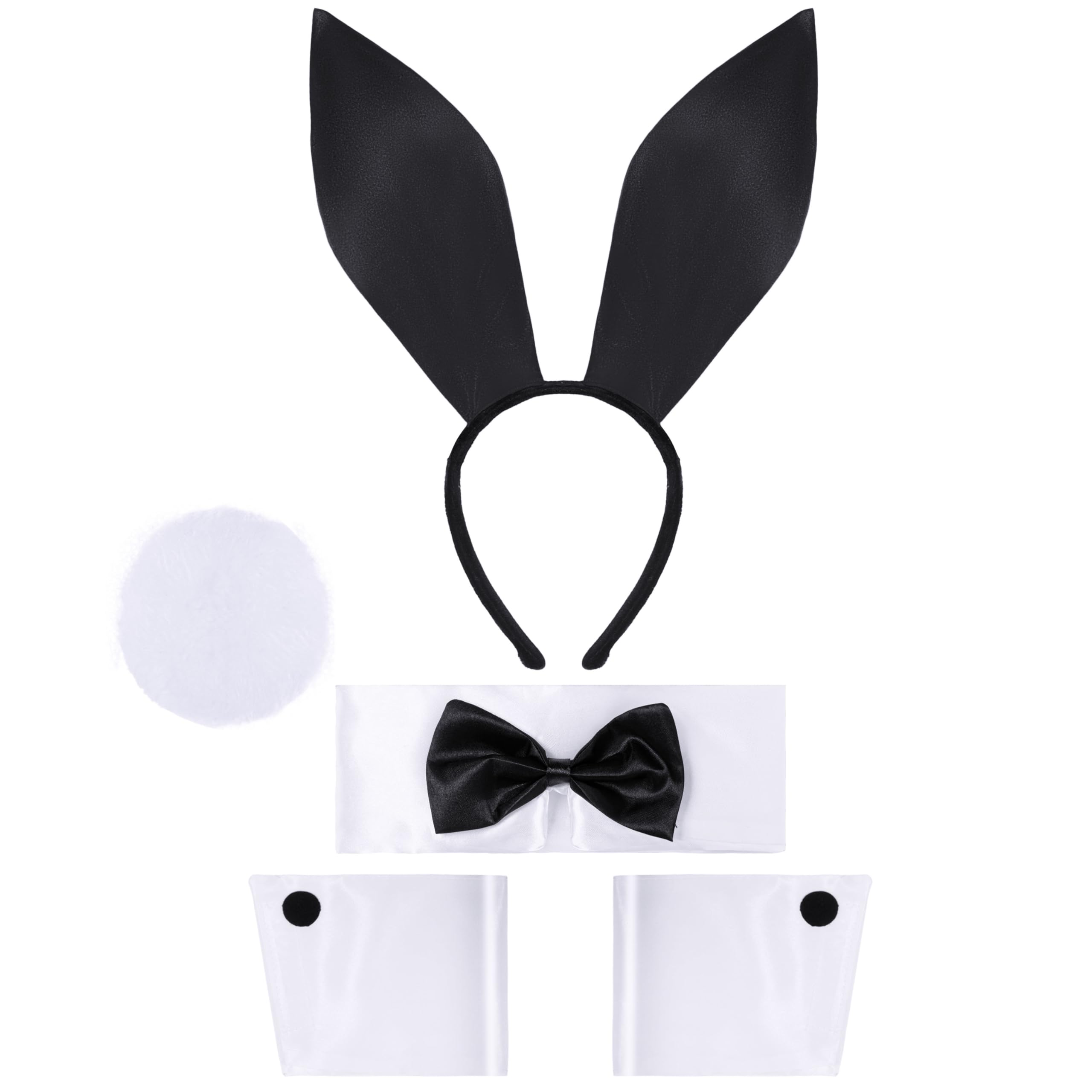 Spooktacular Creations 5 Pcs White Rabbit Costume Adult, Bunny Costume Set Including Bunny Ears Headband, Bow Tie, Bunny Tail and Arm Cuffs, Halloween Cosplay Accessories Party Dress Up, Bunny Outfit