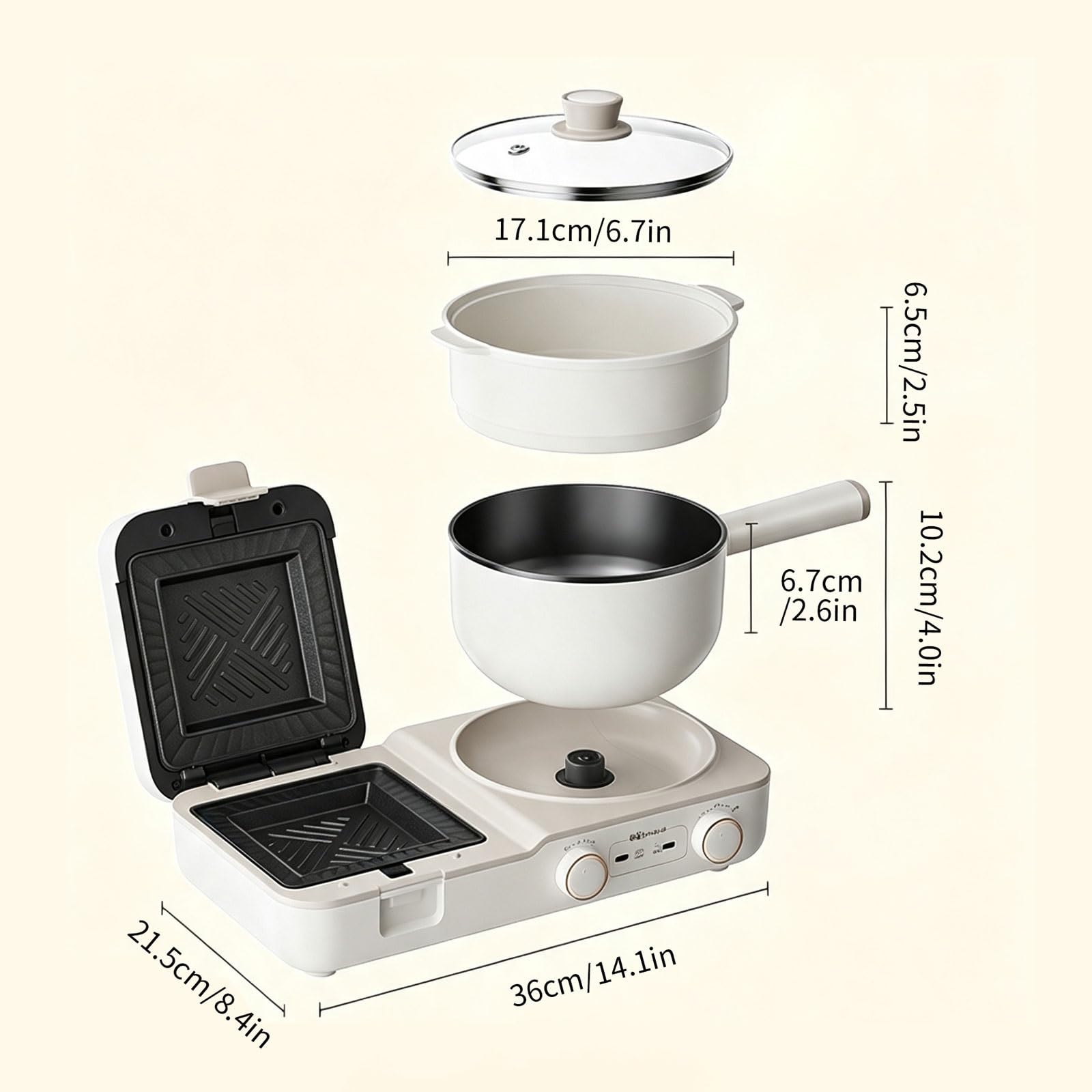 2-in-1-Frühstücksmaschine, 1400 W, zwei unabhängige Kochzonen | Antihaftbeschichtete Grillpfanne, herausnehmbarer Innentopf, Cool-Touch-Griff und spülmaschinenfeste Teile for Wohnungen