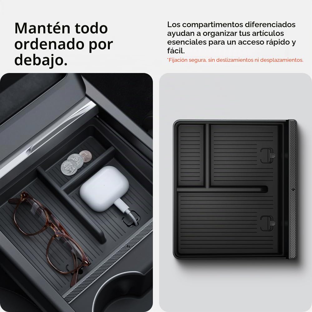 Spigen Tesla Model Y 2026 Juniper (Solo Premium & Performance 2025 2026) y Model 3 Highland (Standard, Premium & Performance 2024/25/26) Non-Slide Center Console Bandeja Organizadora Accesorios