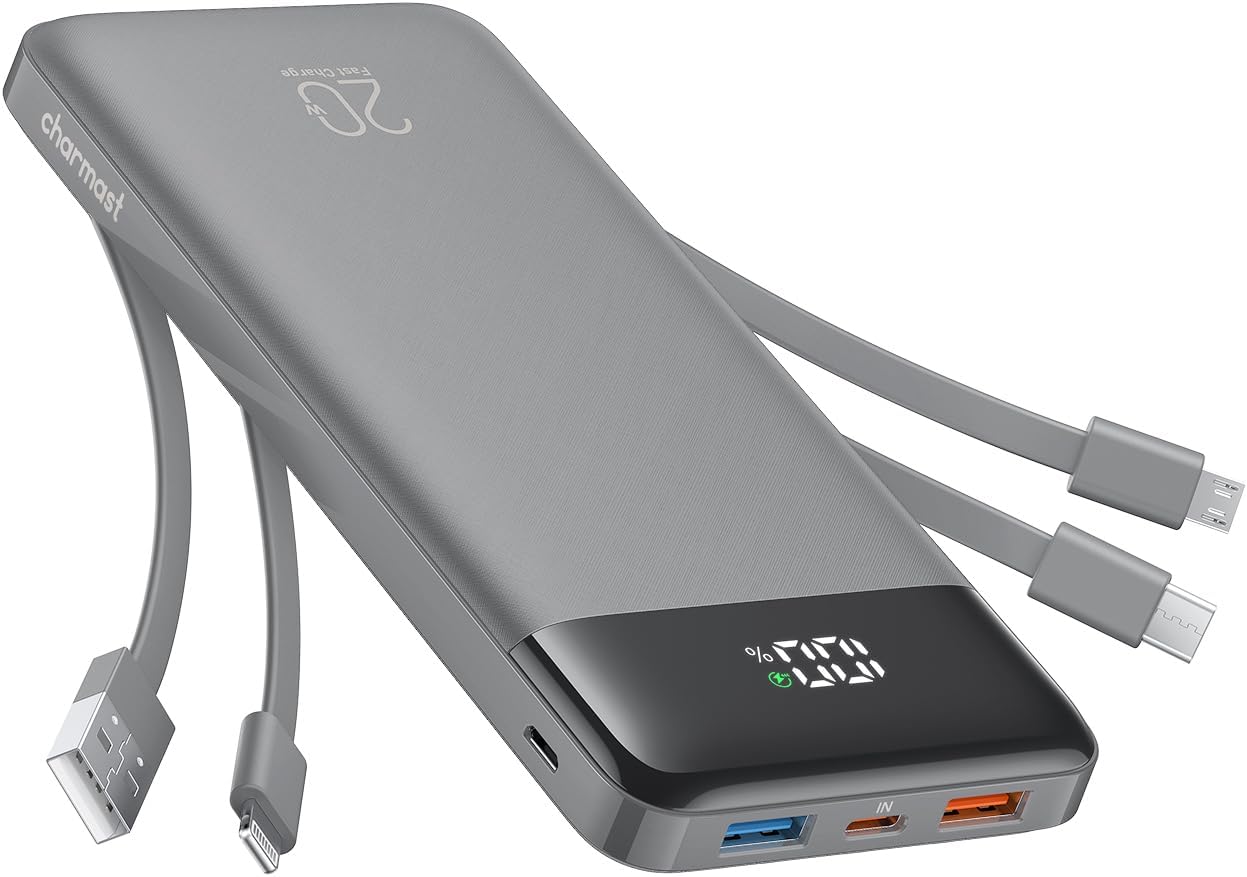 charmast 20000mAh Portable Charger with Built in Cables, 22.5W Travel Power Bank Fast Charging, USB C Cell Phone Battery Pack for iPhone 16/15/14/13/12/11 Series, iPad, Samsung, Android, Tablet