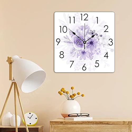 Miniatura 8 de Reloj de hora cuadrado de 15 pulgadas, funciona con pilas, silencioso, sin tictac, relojes colgantes de acuarela, rayos X, flores moradas, reloj de