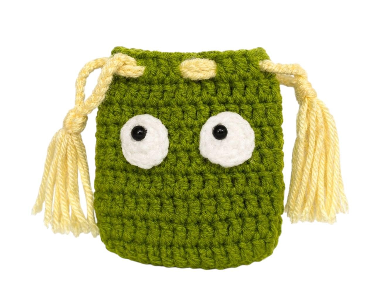 handmade crochet drawstring pouch for coins, jewellery & earbuds | cute green monster mini storage bag | cotton yarn coin purse | small travel organizer | gift for women, girls & kids