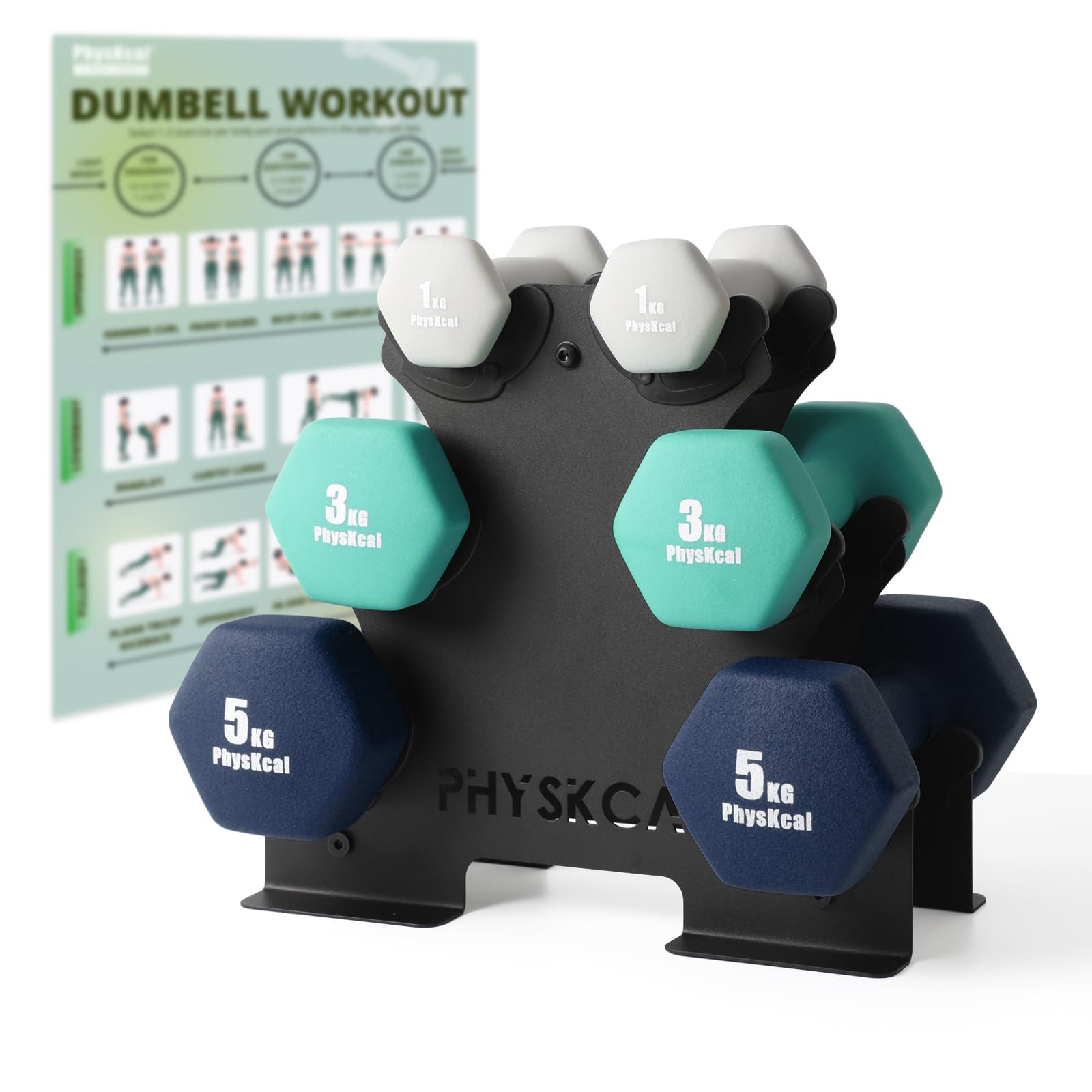 PhysKcal Dumbbells Set of 6, Blue Neoprene Dumbbells 2 x 1kg, 2 x 3kg, 2 x 5kg with Steel Rack, Hand Weights for Men and Women