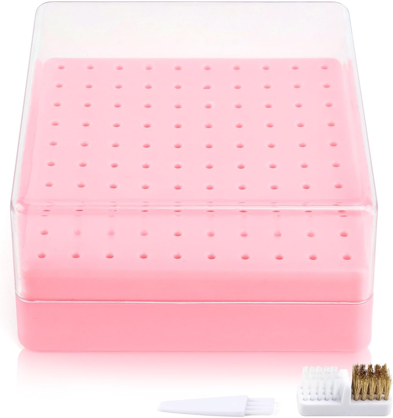 Nail Drill Bits Holder & Nail Drill Bits Cleaning Brush, 100 Holes Nail Bit Holder, Dustproof Nail Art Drill Bits Display Storage Box, Nail Drill Bit Holder for Nail Tech (Pink)