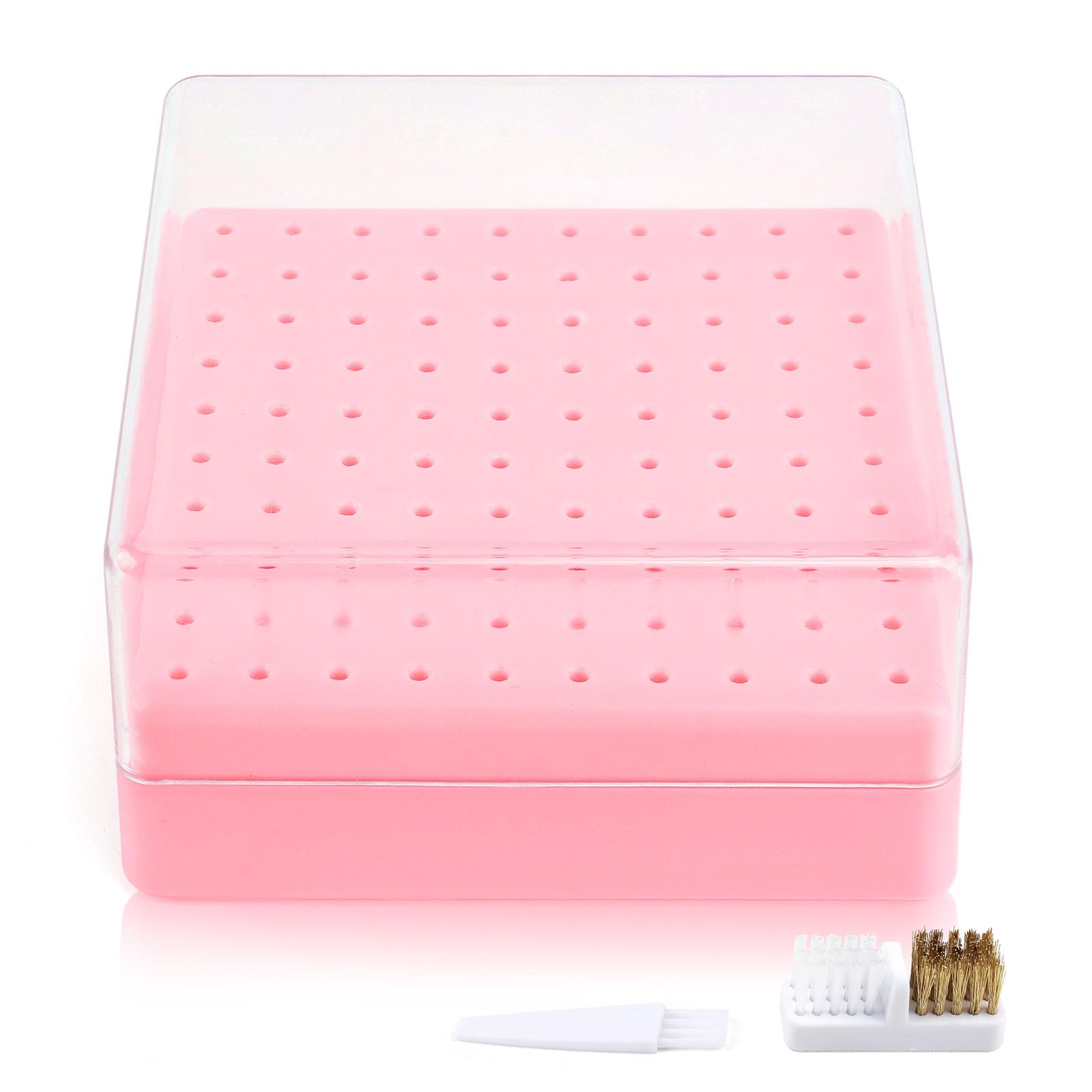 Nail Drill Bits Holder & Nail Drill Bits Cleaning Brush, 100 Holes Nail Bit Holder, Dustproof Nail Art Drill Bits Display Storage Box, Nail Drill Bit Holder for Nail Tech (Pink)