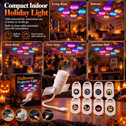 Christmas Holiday Projector Lights Indoor with 8 Films, USB Design 360°Adjustable Plug and Play Holiday Projector Night Light，Halloween - image 5
