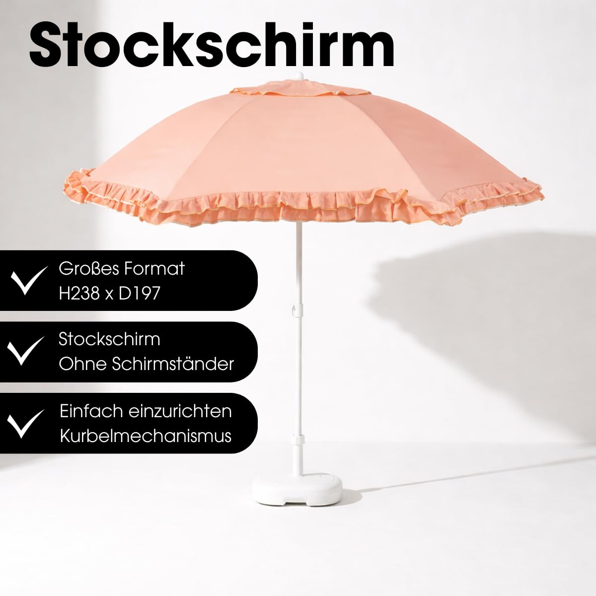 Mica Decoration Neigbarer Sonnenschirm mit Rüschen - Stockschirm 238 x Ø195 cm - Garten oder Balkon Sonnenschutz - Polyester, Stahl - Pfirsich