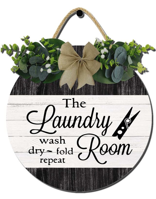 Laundry Room Wash Dry Fold Repeat Rustic Wooden Farmhouse Hanging Wreath Plaque Sign - Wall Or Door Decor