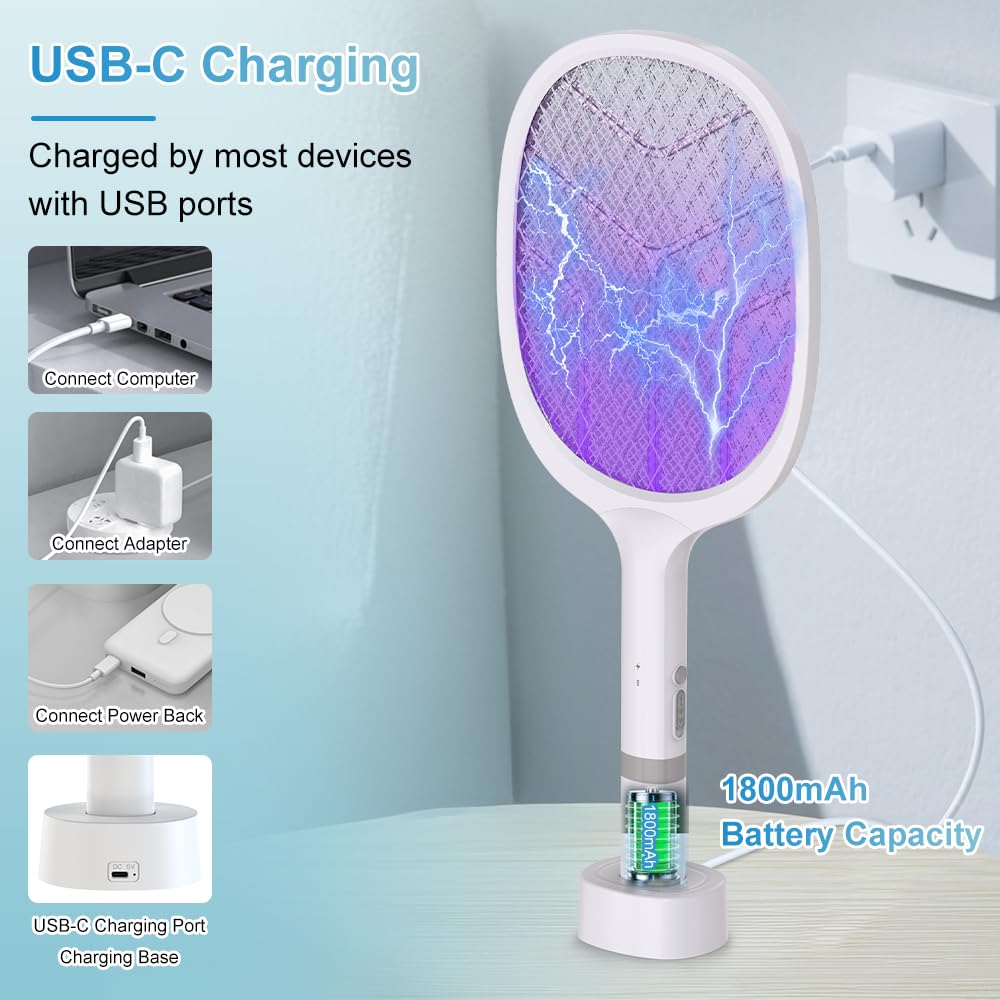 DANGZW Raquette Moustique Electrique, 4800V Raquette Electrique Insectes 2en1 avec Base de Charge USB, Batterie Rechargeable 1800mAh & LED UV, Raquette Anti Moustique Electrique pour Chambre, Camping