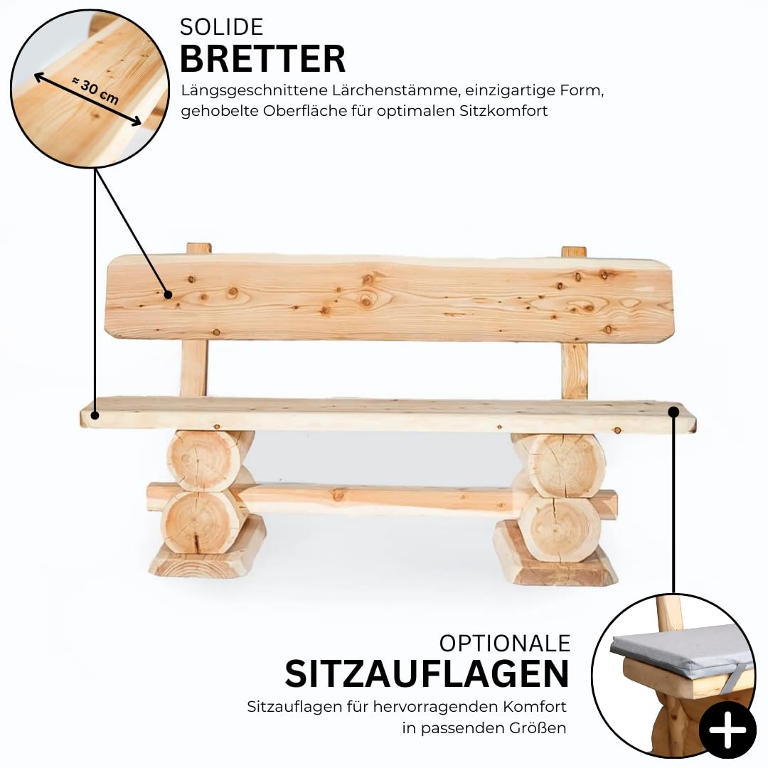 Mega Holz Gartenbank Rustikal Lärche 200 cm - Massivholz Bank aus heimischer Lärche - Fertig montierte Sitzbank für Terrasse, Garten & Balkon mit Rückenlehne - Für 3 Personen, wetterfest & robust