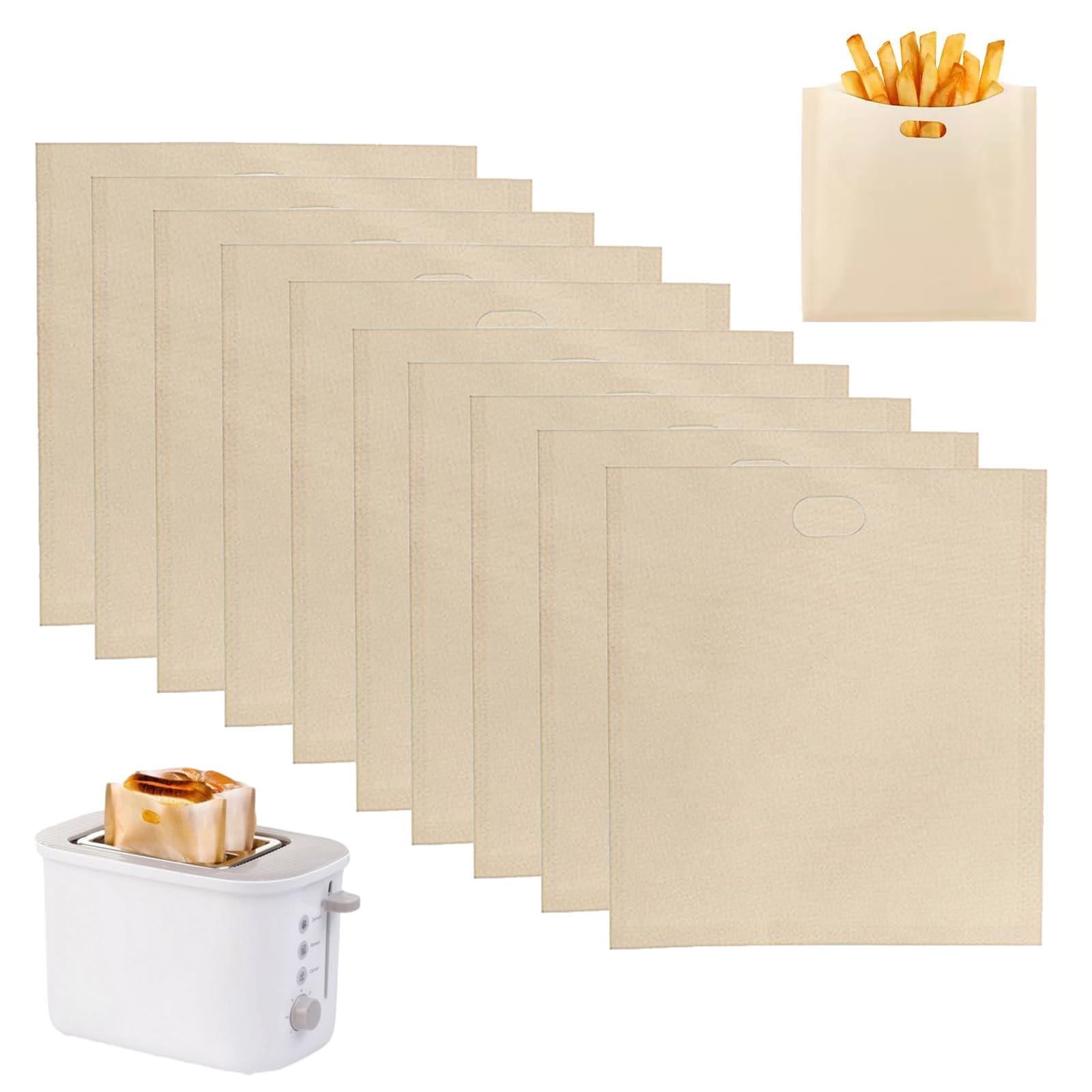 Non-Stick Toaster Bags, 10PCS Reusable Toaster Bag, Toastie Bags for Grilled Cheese Sandwiches Pizza Panini(Beige)