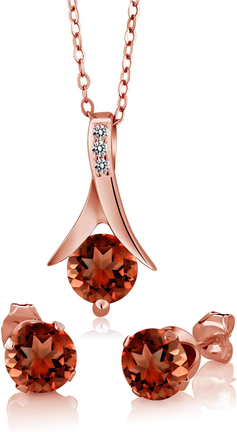 Gem Stone King 18K Rose Gold Plated Silver Red Garnet and White Diamond Pendant and Earrings Jewelry Set For Women | 3.05 Cttw | Round 6MM | With 18 Inch Chain