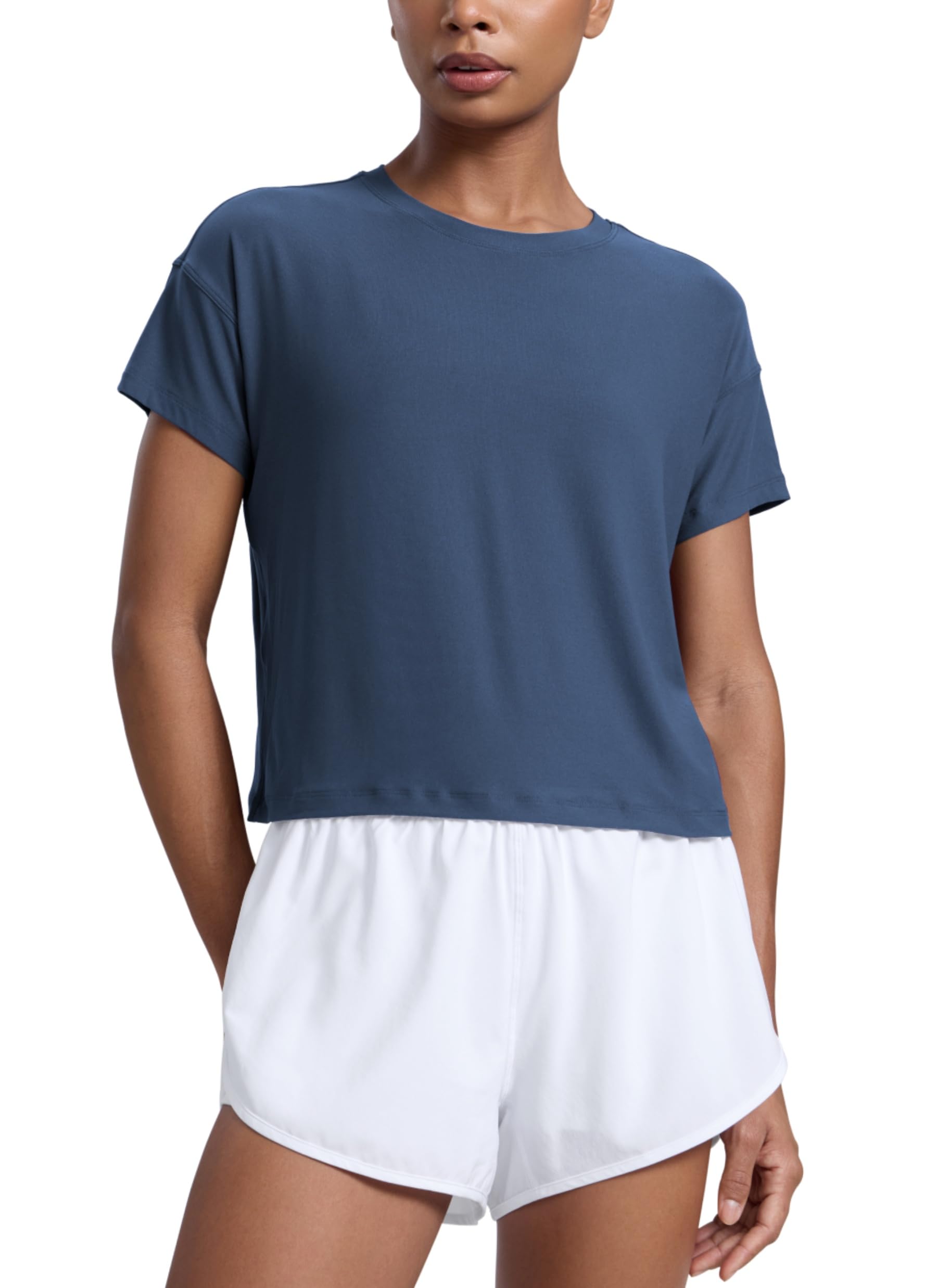 CRZ YOGA Cloudweight High Neck T-Shirt | Workout, Light and Soft, Relaxed Fit, Waist Length, Short Sleeve Tops for Women Medium Electric Blue
