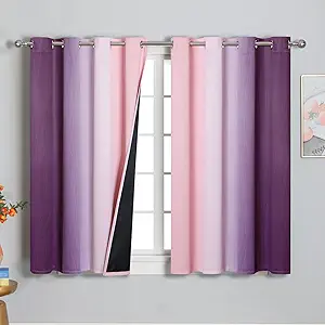 Pink and Purple Curtains 45 Inch Length 2 panels, Full Light Blocking Ombre Blackout Curtains for Kids Room, Thermal Insulated Noise Reducing Gradient Blackout Curtains for Girls Bedroom, 52x45 Inch