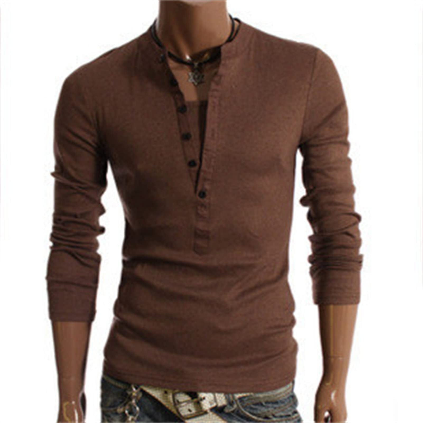 Mens Long Sleeve Henley Shirts Casual Button Down V Neck T Shirts Fashion Vintage Classic Pullover Shirts (X-Large,Brown)