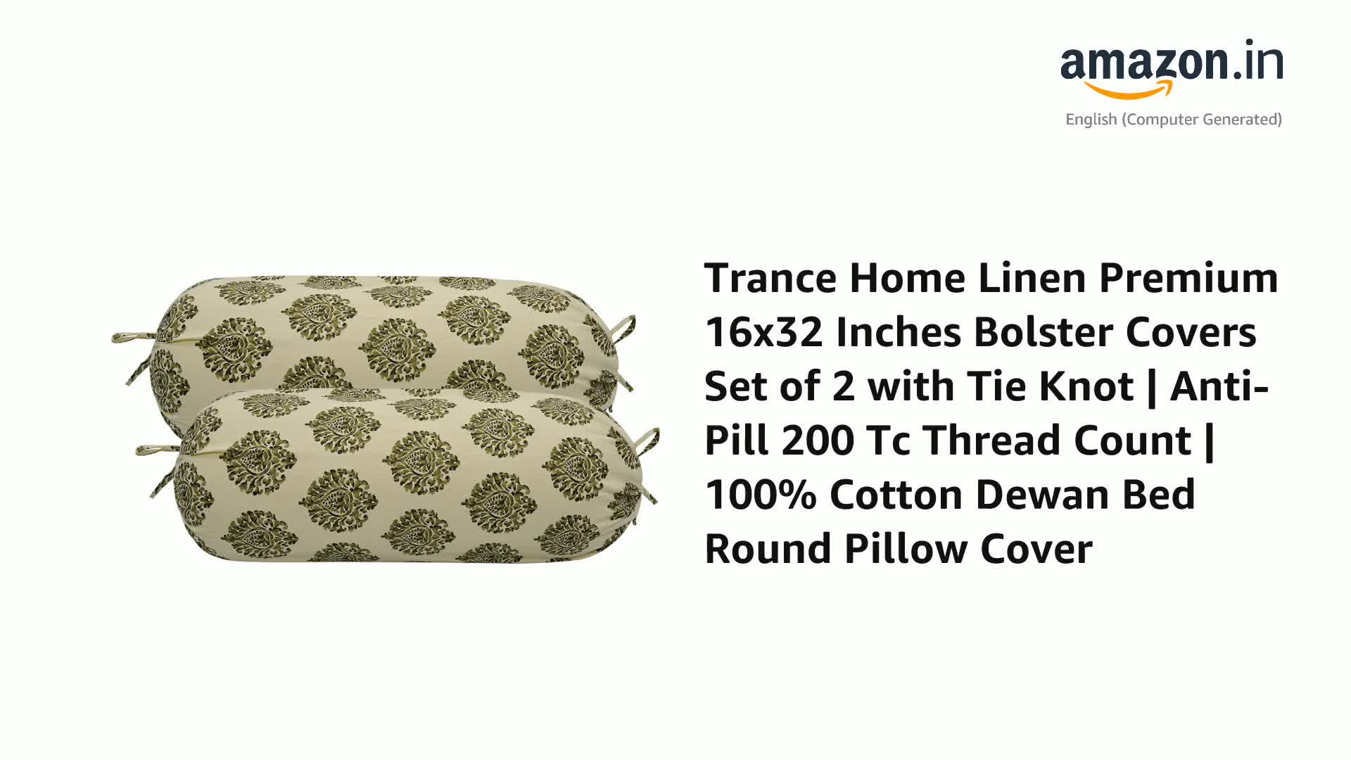 Trance Home Linen 100% Cotton Bolster Cover Set, 16" X 32", 200 Thread Count, Pack Of 2 With Adjustable Ties, Calicut White