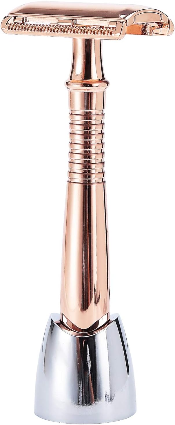 BAILI 3-Piece Double Edge Safety Razor Long Handle Wet Shaving for Men Women with 5 Platinum Blades and Stand Rose Gold BD193G