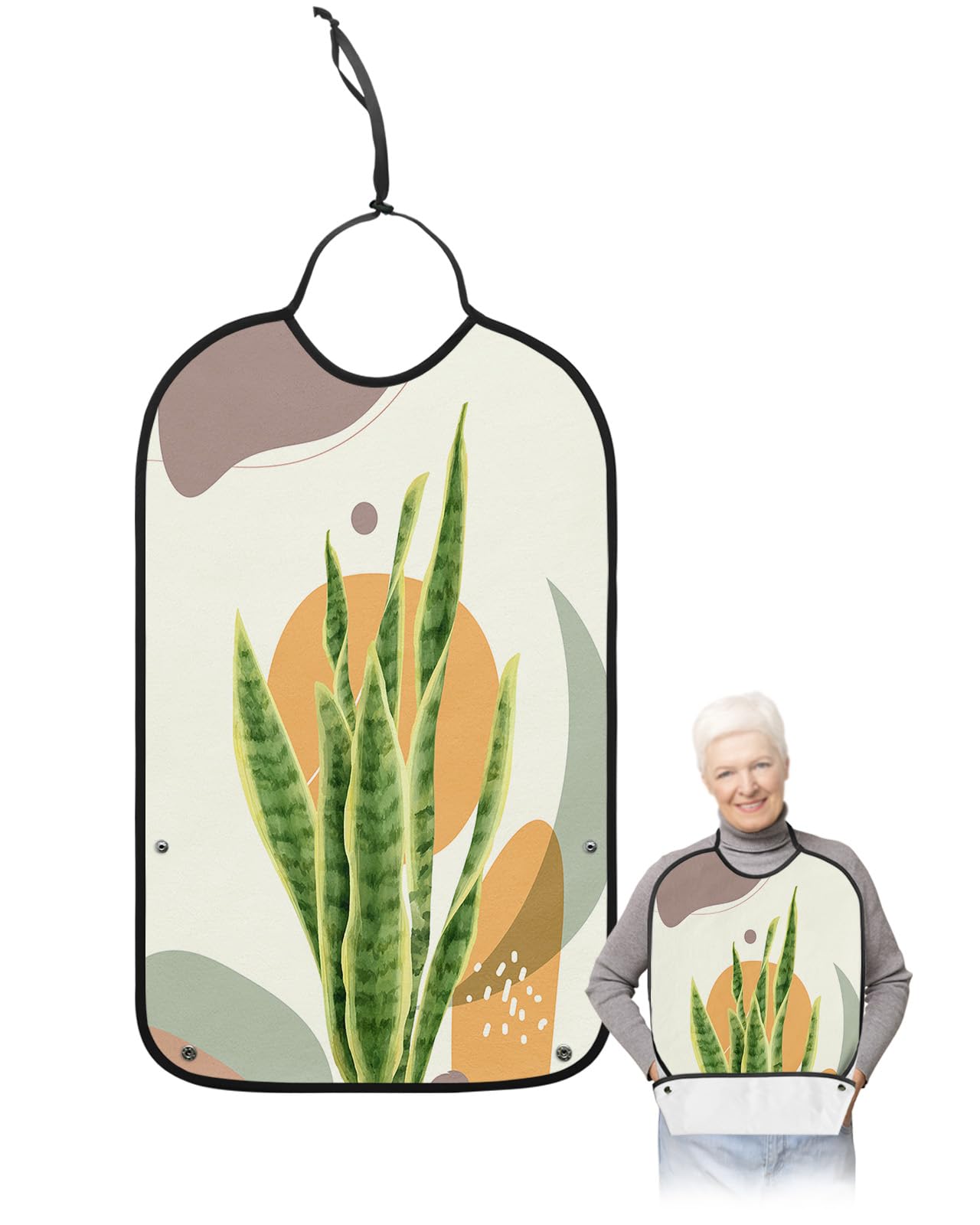 LEOKOTI Summer Tropical Adult Bibs for Eating, Waterproof Bibs with Food Catcher & Adjustable Snap Closure, Modern Geometric Abstract Art Washable Clothing Protectors Adult Bibs for Elderly Women/Men