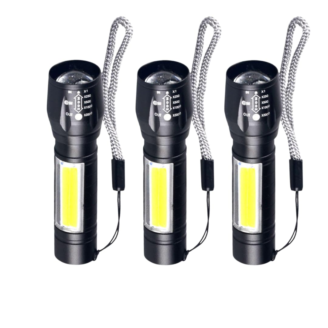 JTSN Mini USB Rechargeable Torch Light – Super Bright LED Flashlight with Zoom & 3 Modes | Pocket-Size COB Torch for Camping, Night Use, Waterproof, Black