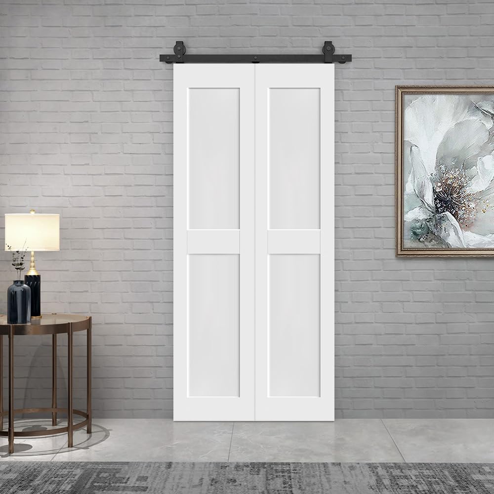 22 in. x 80 in. 2 Panel Shaker Hollow Core White Composite Bi-Fold Door with Sliding Barn Door Hardware Kit