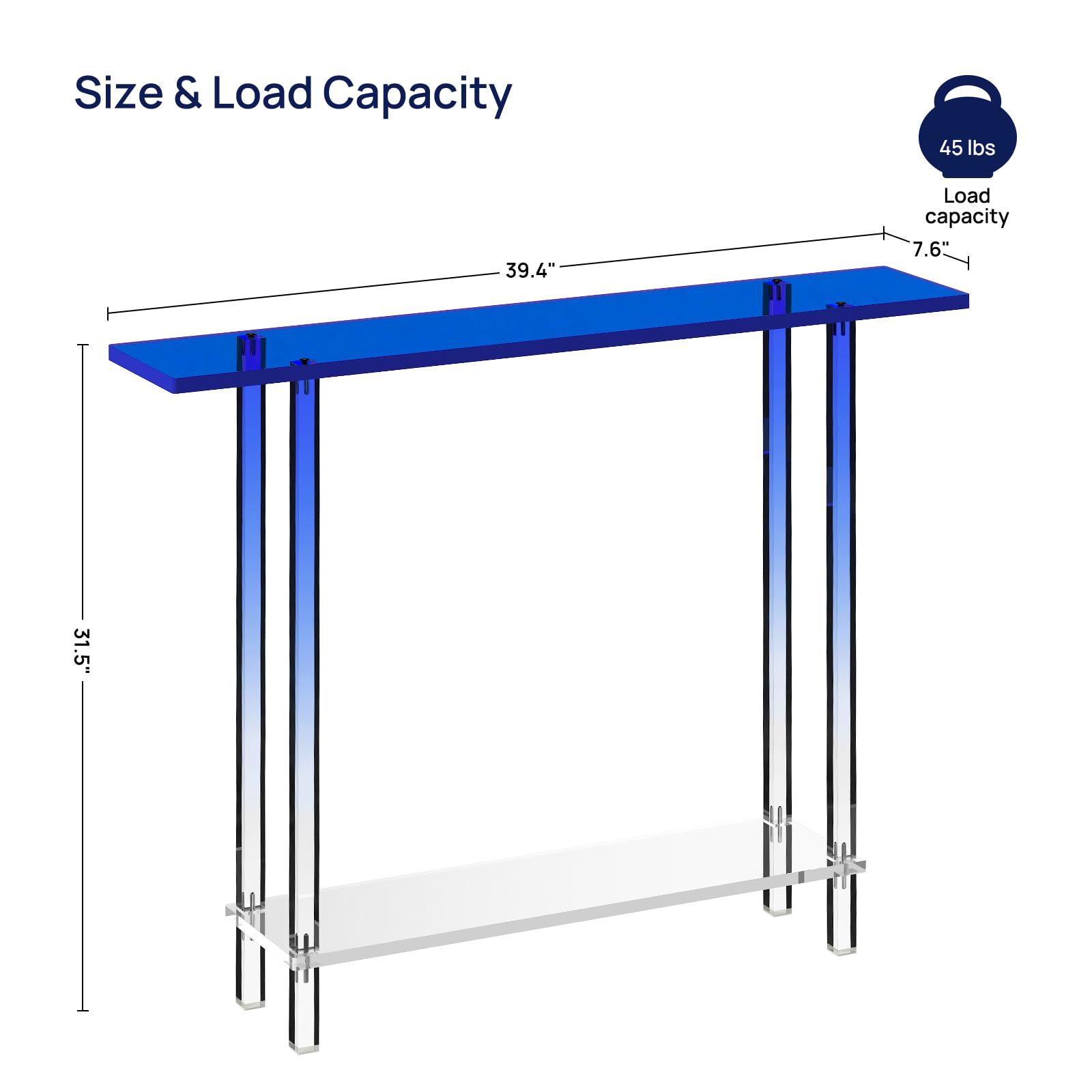Mesa consola estrecha de acrílico, con patas cuadradas azules degradadas transparentes, 7.6 pulgadas de ancho, mesa de entrada transparente de 2 niveles para pasillo, vestíbulo, sofá, sala de 3