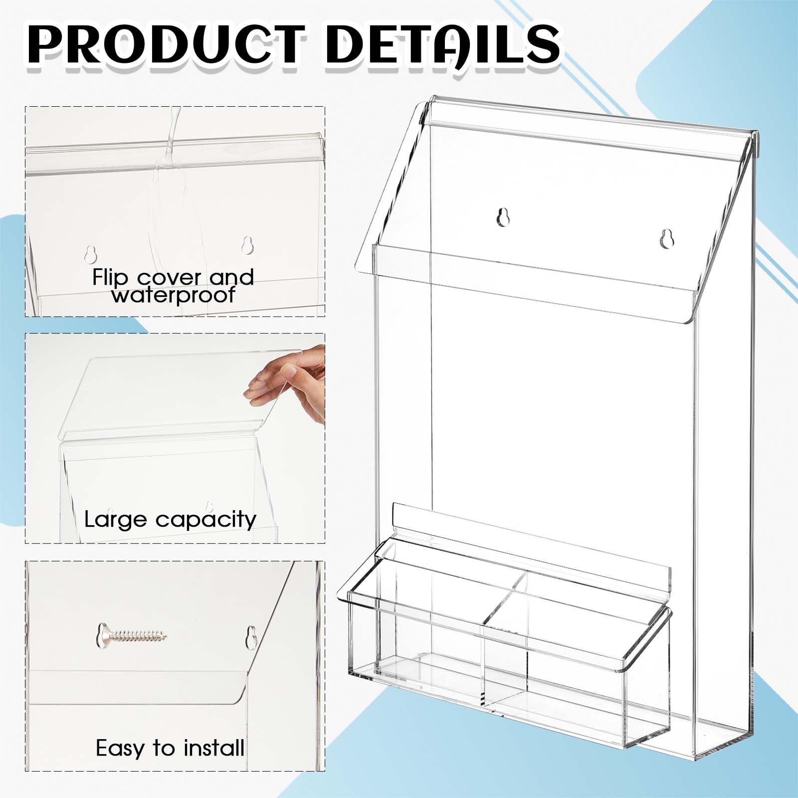 Barydat 2 soportes para folletos al aire libre de 8.75 x 11.75 x 2.25 pulgadas con soporte para tarjetas de visita, caja de literatura impermeable para folletos, soporte de folleto acrílico para