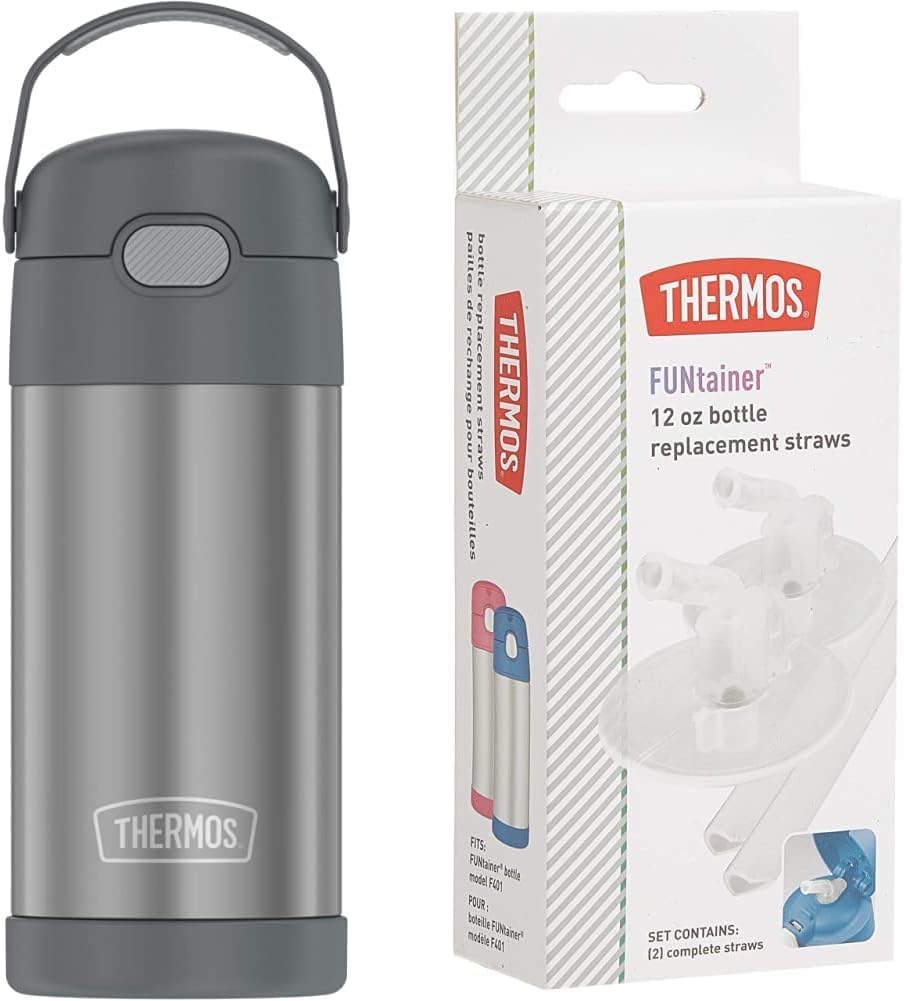 THERMOS FUNTAINER 12 Ounce Stainless Steel Vacuum Insulated Kids Straw Bottle, Grey & Thermos Replacement Straws for 12 Ounce Funtainer Bottle, Clear, one size (F401RS6)