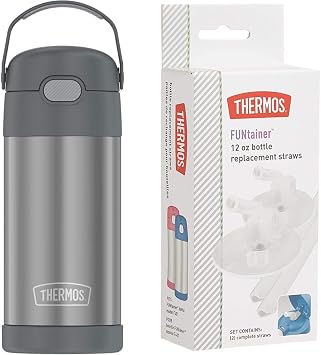 THERMOS FUNTAINER 12 Ounce Stainless Steel Vacuum Insulated Kids Straw Bottle, Grey & Thermos Replacement Straws for 12 Ounce Funtainer Bottle, Clear, one size F401RS6