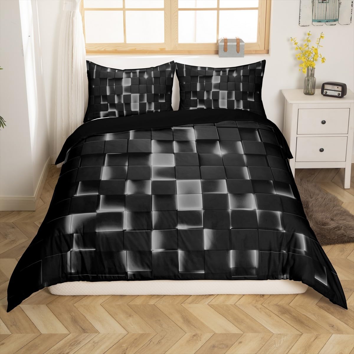 Loussiesd Neon Honeycomb Duvet Cover Set Super King Size For Kids Boys Girls Teens Grey White Geometric Bedding Set Simplistic Abstract Art Comforter Cover with 2 Pillowcases — image 1