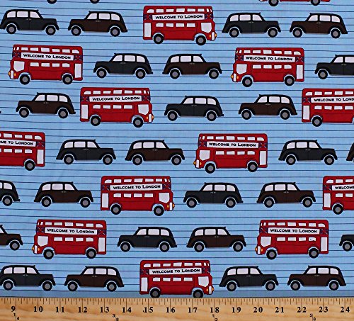 Cotton Next Stop London Double Decker Buses & Cars Routemaster Travel Tourist England Fabric by the Yard (AWN-12800-63 SKY)